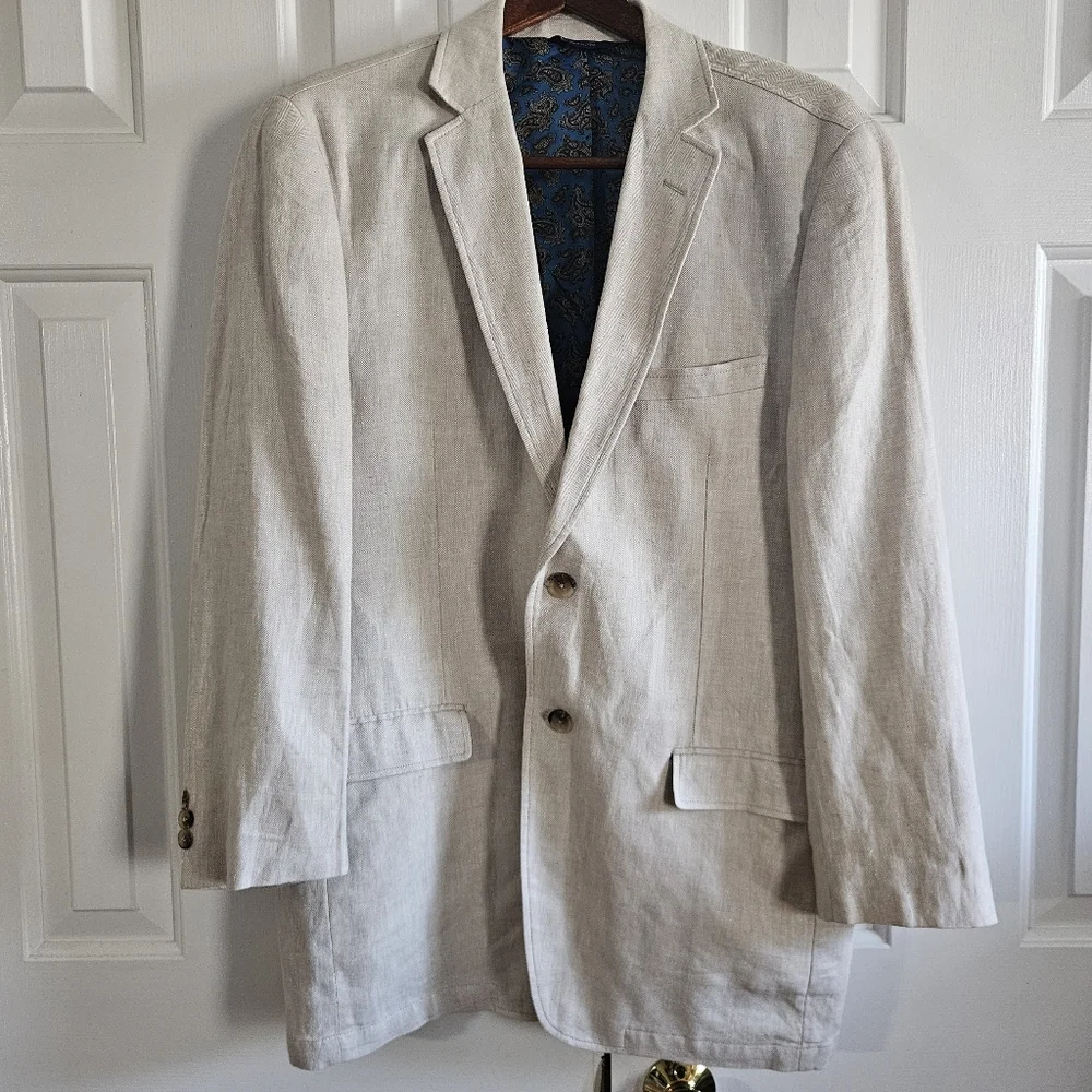 Alan Flusser Mens Blazer Sport coat L Linen Blend Unstructured Beige Lightweight
